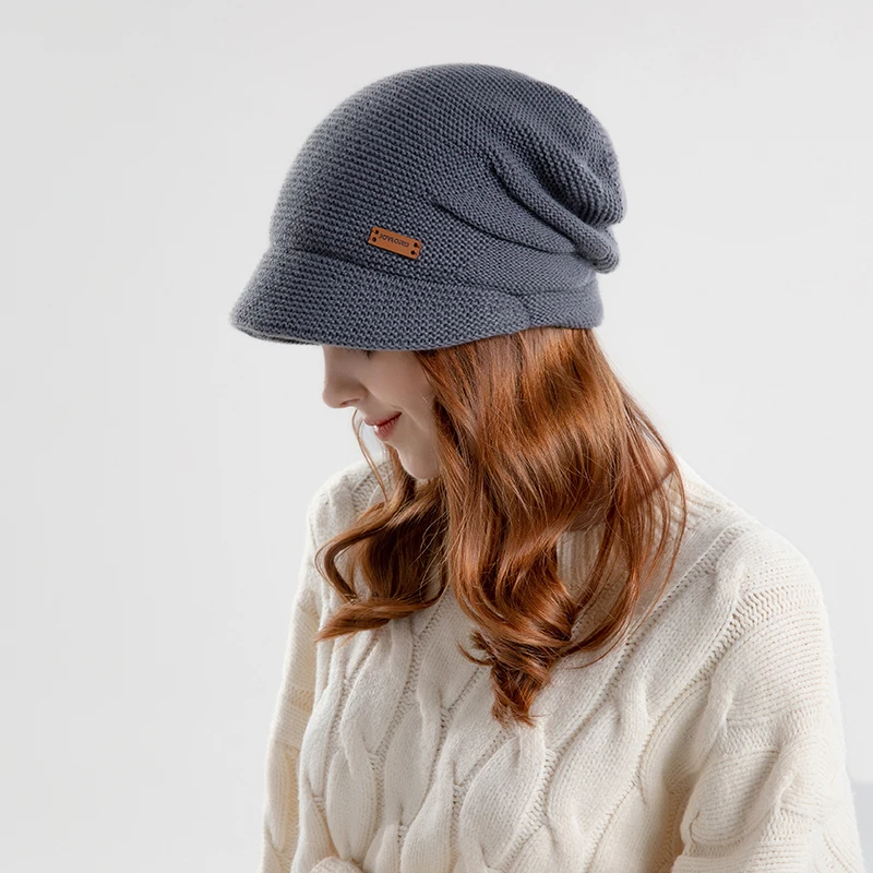 Winter Knitted Women Hat Plus Velvet Fleece Lined Beanie Thick Warm Baggy Cap With Visors Casual Lady Wide Brim Baseball Cap 5