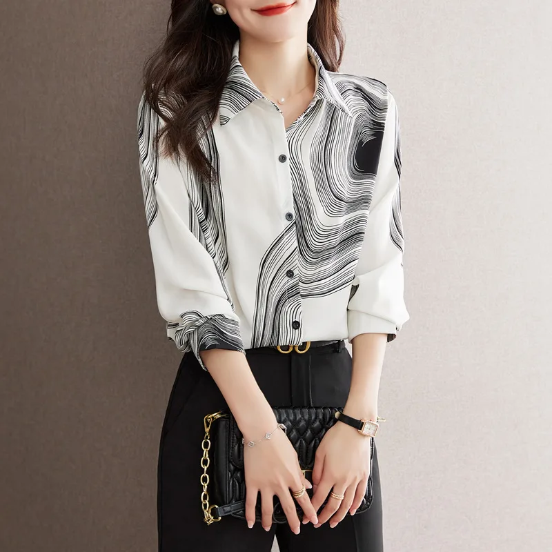 Women's Spring 2025 Stylish Printed Chiffon Blouse with Long Sleeves