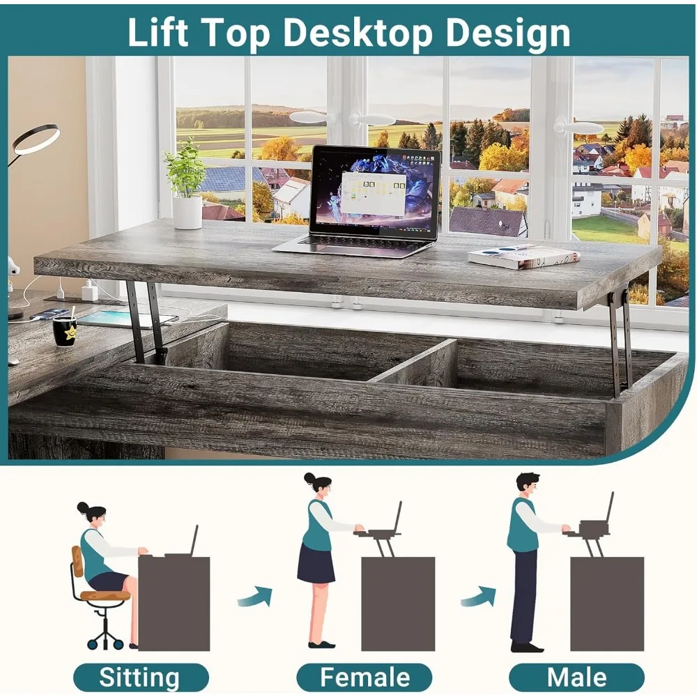 L Shaped Computer Desk with Drawer Lift Top Office Desk with Power Outlets and USB Charging Ports Large Corner Desk Writing 4