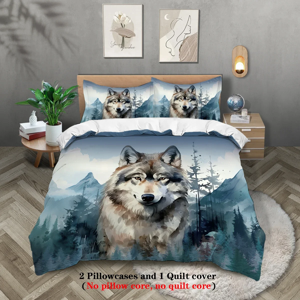 3-piece set, wolf pattern printed bedding set, queen, king, double bed, for bedroom, guestroom, hotel, home decoration
