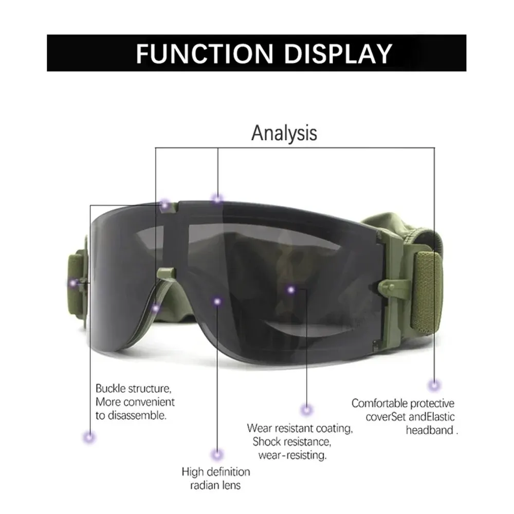 Tactical Goggles 3 Lens Windproof Dustproof Shooting Motocross Motorcycle Mountaineering CS Safe Protection