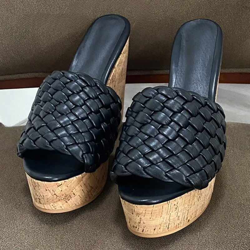 

2024 Handmade Women Mules Sandals Faux Leather Comfort Wedges Heels Open Toe Elegant Black White Casual Shoes Size 35 45 47 52