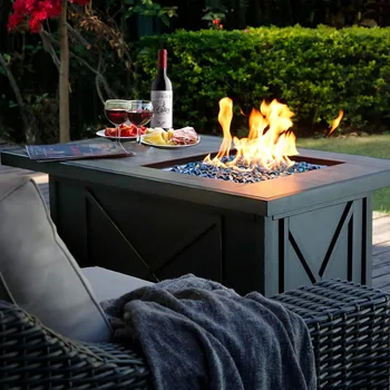 Rectangular Fire Pit Table with Fire Glass and Table Lid 1