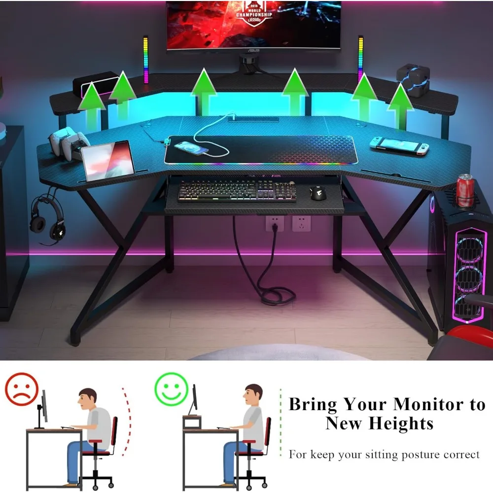 72" Gaming Desk with Power Outlet & Led Strip, Large Wing-Shaped Computer Desk W Monitor Stand 5