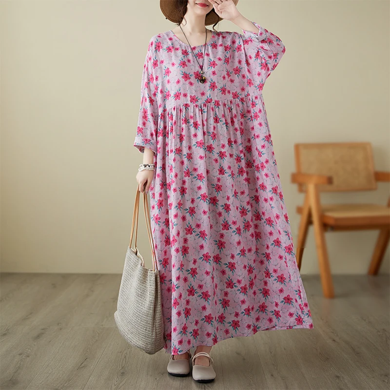 

NYFS 2023 Autumn New Vintage Long Dress Vestidos Robe Ete Femme Elbise Loose O-Neck Cotton Linen Print Long Sleeve Woman Dresses