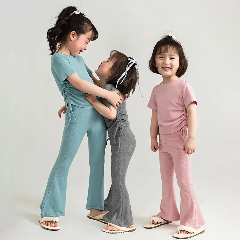 여아용 반팔 세트, 단색  플레어 바지, 얇은 캐주얼 투피스 세트, 시원한 반팔 세트, 여름