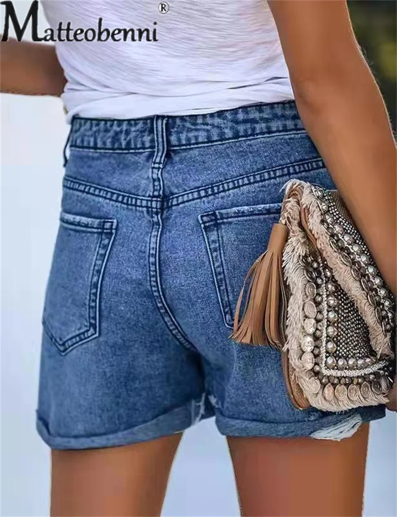 Summer Commuter Straight Denim Shorts Female Ladies Holes Cotton Five-quarter Length Trousers Women's 5-quarter Jeans Streetwear