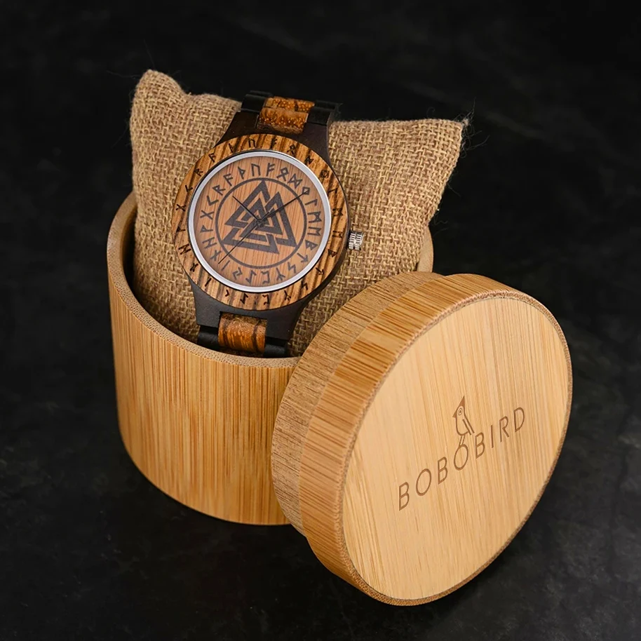 BOBO BIRD Vintage Wooden Watch Viking Warriors Symbol Men Watches Runic Circle With Helm of Awe Vegvisir Watch For Men Gifts