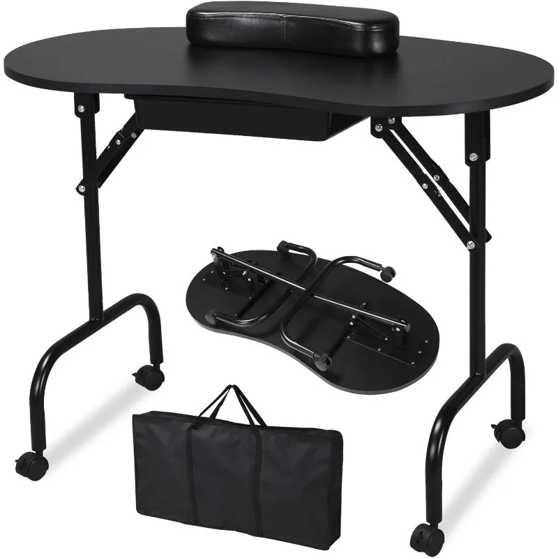 

37-inch Portable & Foldable Manicure Table Nail Desk Workstation with Large Drawer/Client Wrist Pad/Controllable Wheels/Carrying