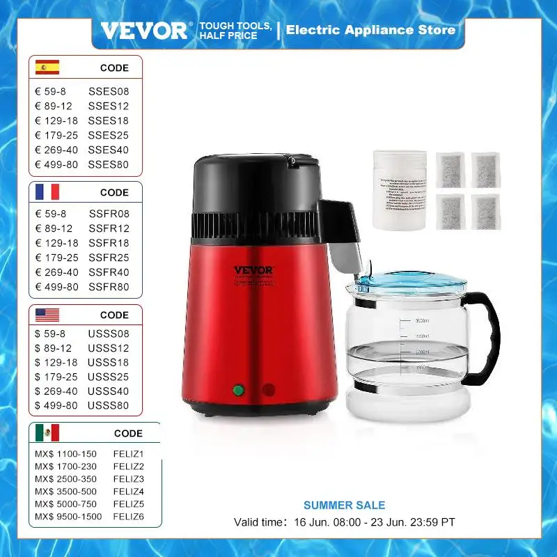 VEVOR Water Distiller 4L 1.05 Gallon Pure Water Purifier Filter For Home Countertop 750W Distilled Water Maker Stainless Steel