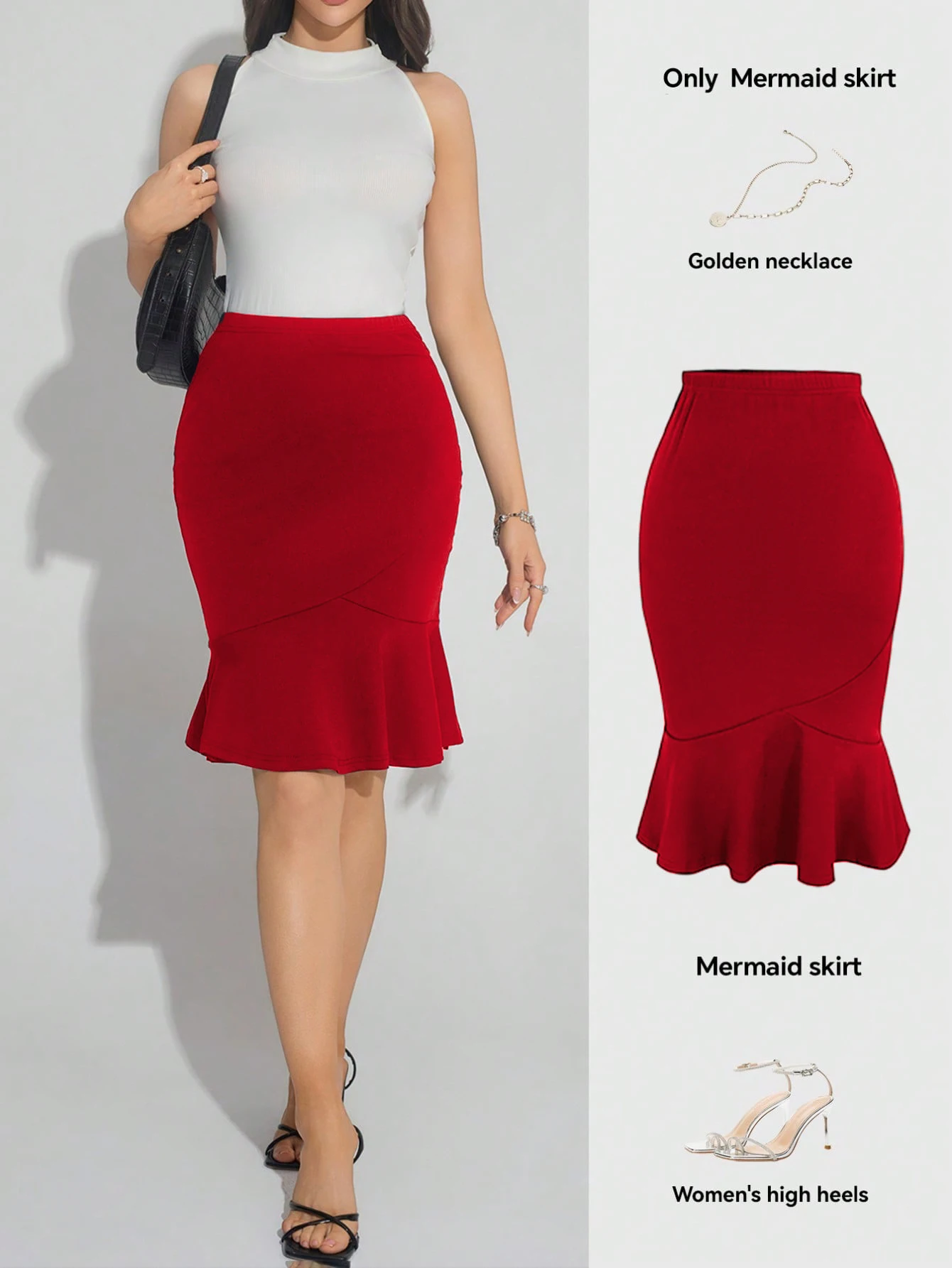 Women Red High Waist Mermaid Bodycon Skirt Ruffle Hem Stretchy Slim Fit Sexy Skirt Spring Summer Elegant Office Party Midi Skirt 1