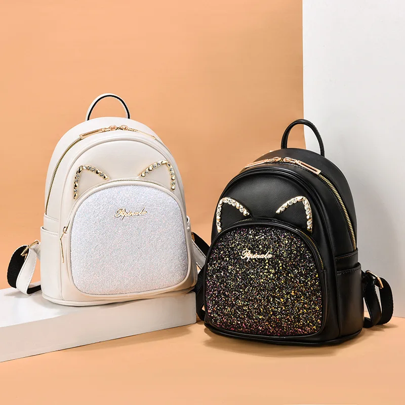 

Diamond Sequin Women Backpack Rhinestone Lovely Cat Women Female Leather Backpack Korea Dual-use Shoulder Bag Mochilas