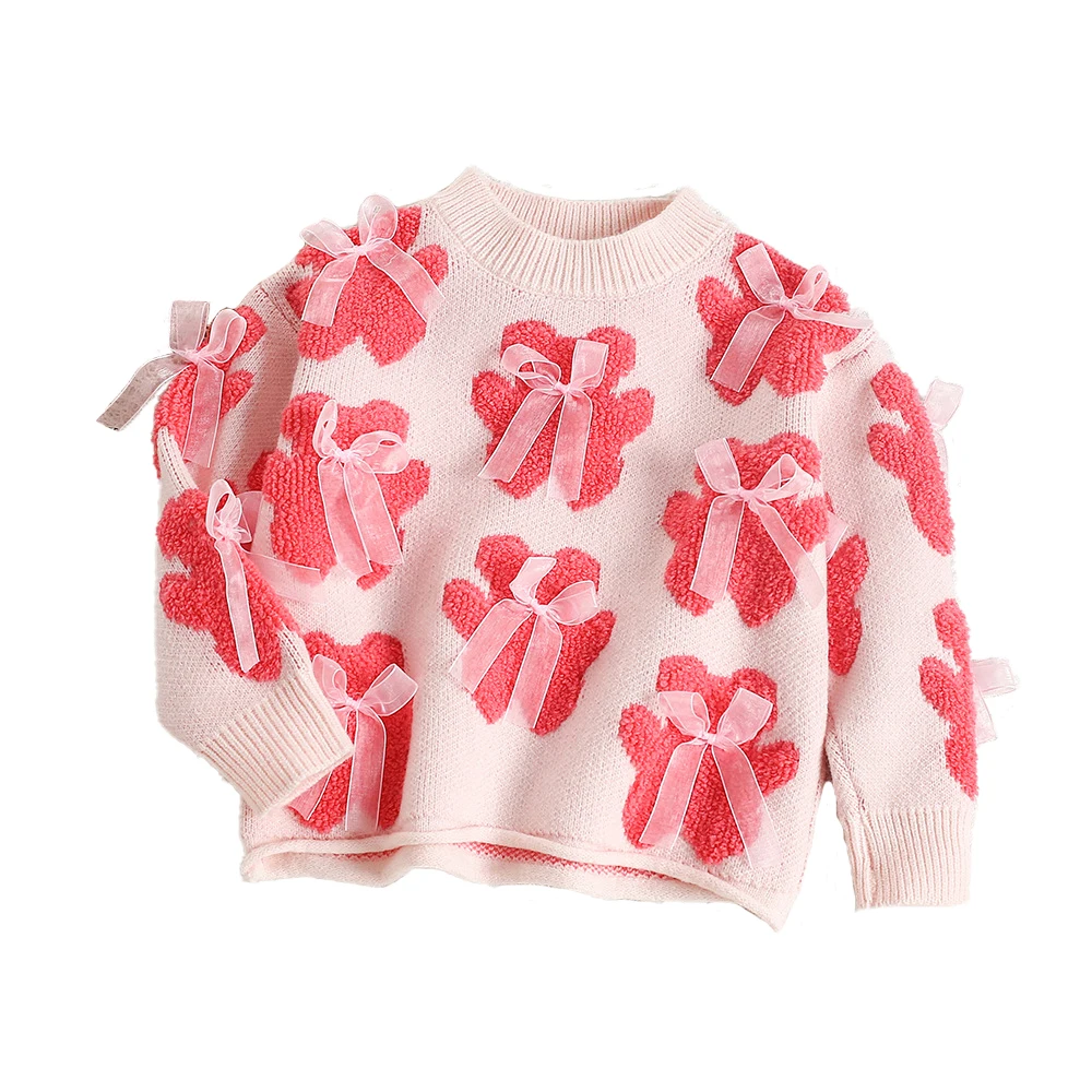 Girls Knitted Sweater Autumn Bear Bow Kids Outwear