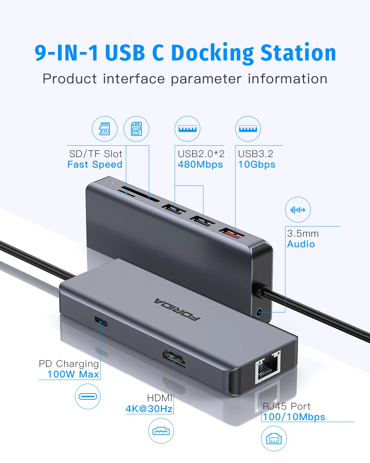 Forida USB Hub C 10Gbps Hub 9 IN 1 Docking Station RJ45 HDMI 4K30Hz 100PD Charging SD/TF Solt Adapter for Laptop Macbook 4