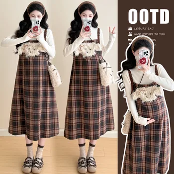 Maternity Set 2026 Spring Autumn Sweet Cute Plush Dog Plaid Suspender Dress And Knitted Base Top Two Piece Set For Pregnancy