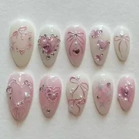 24pcs Sweet False Nail Patches Detachable Fake Nail Tips With Bowknots Love Heart Pearl Design Pink Almond Korean Press On Nail