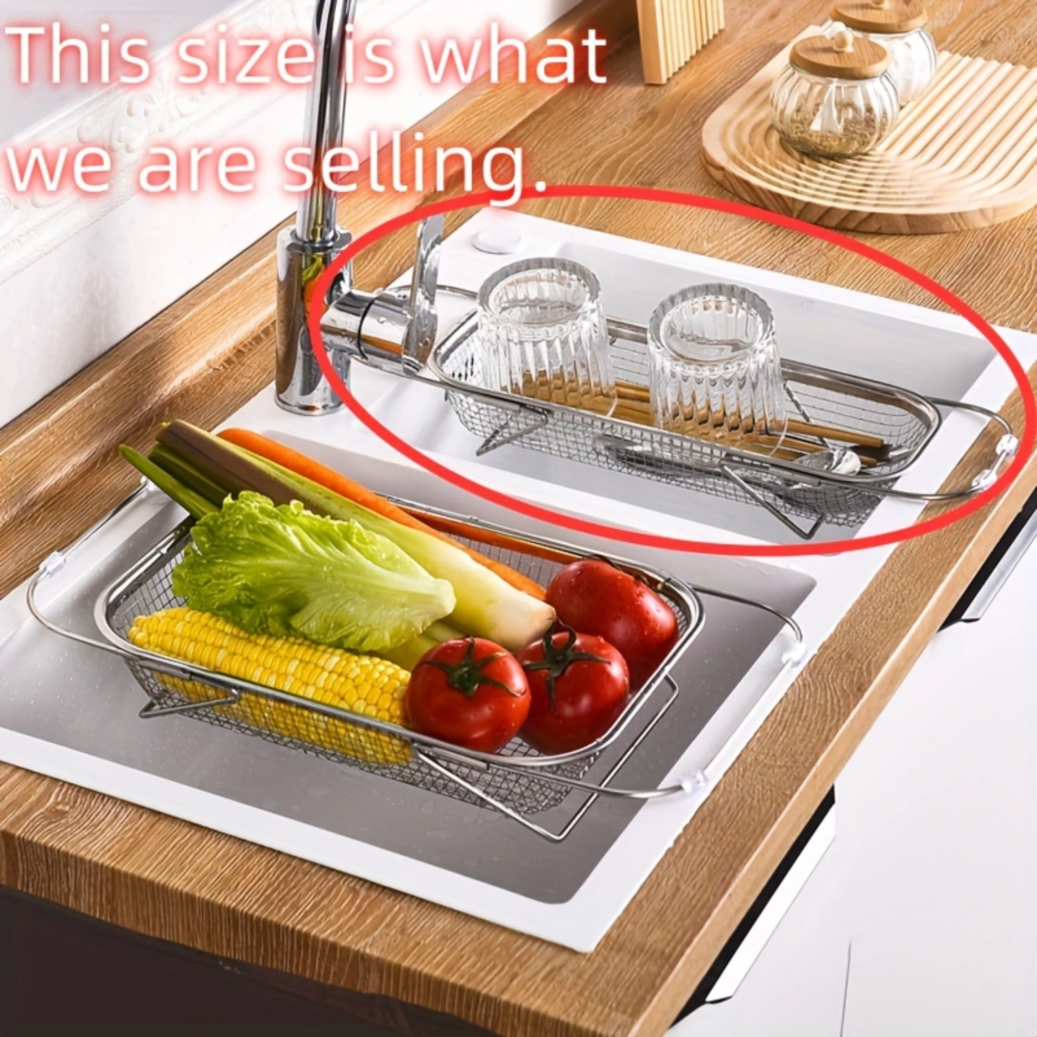 Stainless Steel Over-The-Sink Colander-Telescopic Mesh Basket For Fruits & Veggies, Kitchen Gadget For Washing And Dra