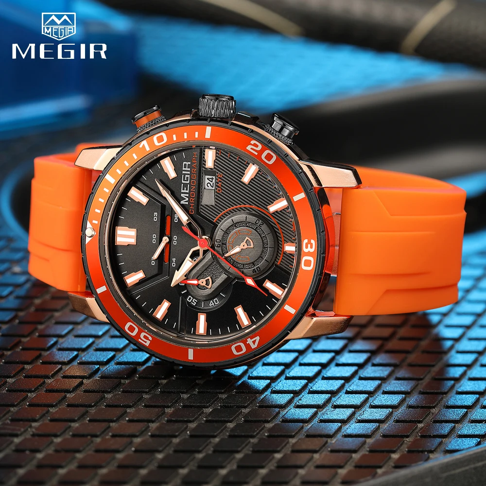Men's Sport Chronograph Watch with Orange Silicone Strap - Fashionable Waterproof Wristwatch with Luminous Hands and Auto Date Function