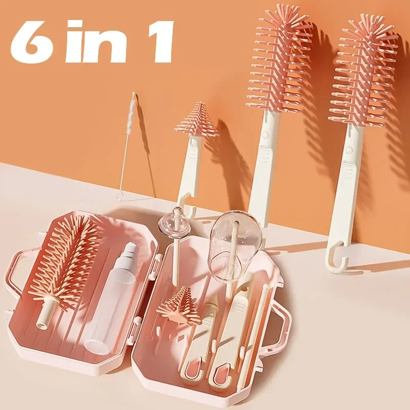 Baby Bottle Drying Rack Portable Cleaner Set with Cup Drain Cleaning Storage Box Silicone Bottle Cleaning Brush Tool Set 6 in 1 baby bottle drying rack,feeding bottle drying rack,bottle drying rack