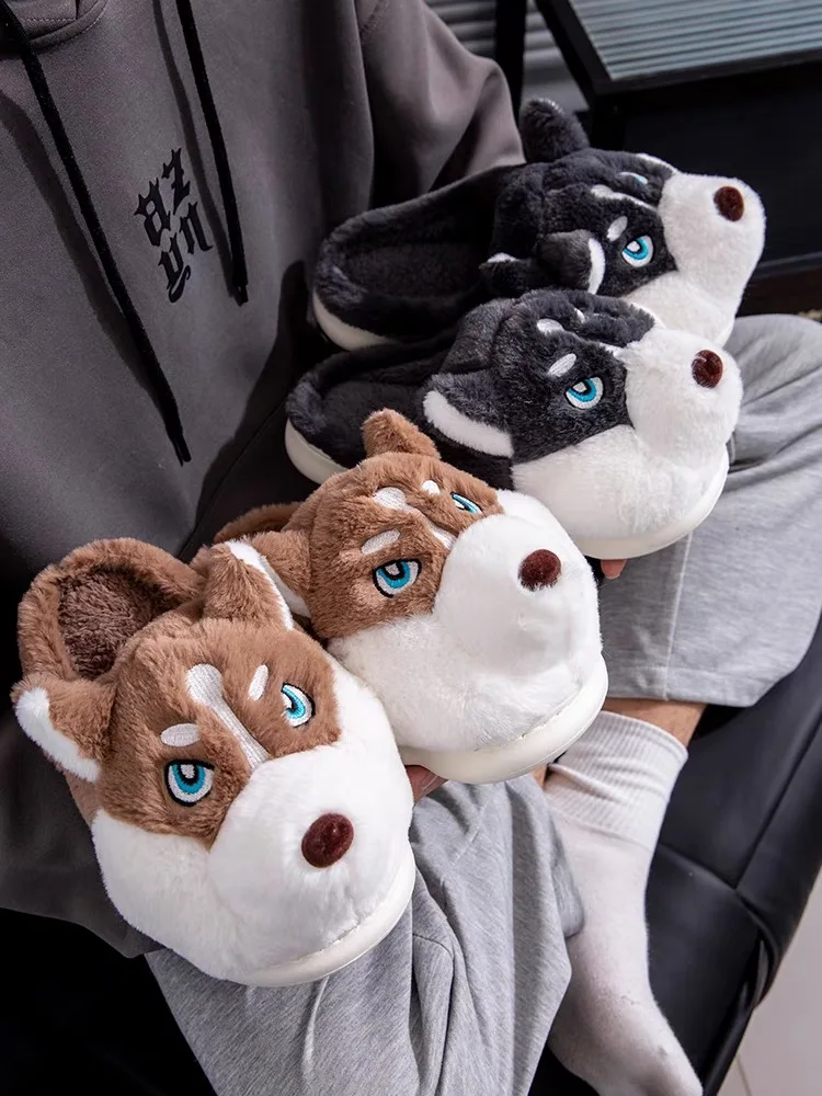 Women Indoor Cotton Slippers Cute Cartoon Dog Winter Warm Shoes Couples Home Floor Slides Anti-slip  Female Male House Footwear 6