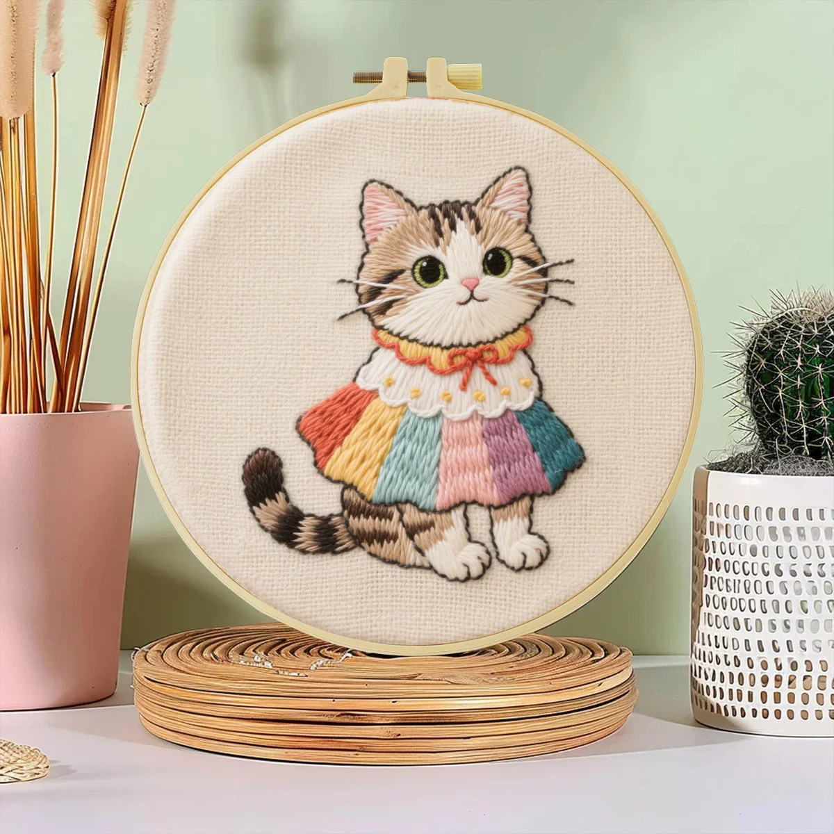 ערכת התחלה לרקמה של חתול חמוד בגודל 20X20CM/7.87 אינץ', ערכת DIY לקישוט הבית למתחילים, תפירת אמנות