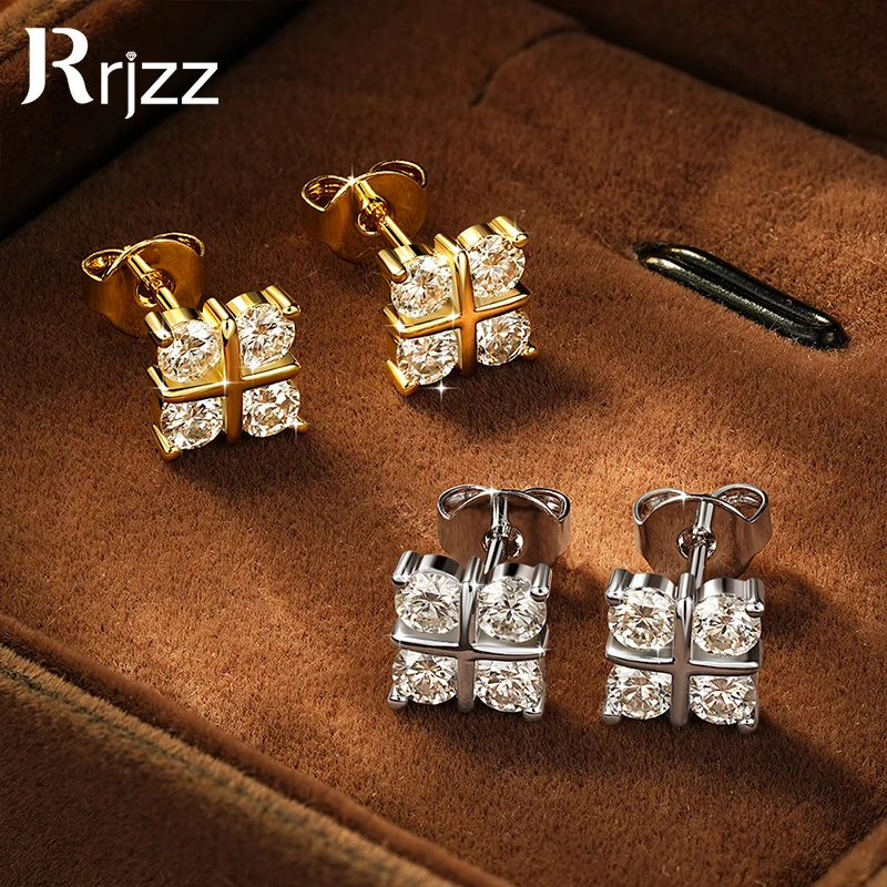 Rrjzz 라운드 컷 3mm D 컬러 VVS1 풀 모이사나이트 귀걸이 모조 다이아몬드 럭키 클로버 여성용 스터드 귀걸이 주얼리 GRA 포함 선물