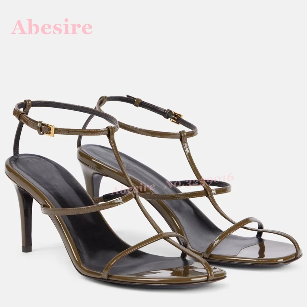 Brown Cut Out Slingback Sandals Round Toe Stiletto Summer Sandals Women Solid Glossy Thin High Heels Sexy Luxury