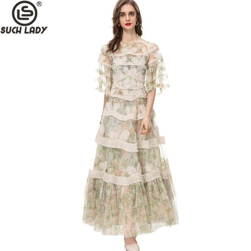 

Women's Runway Dresses O Neck Short Sleeves Printed Embroidery Lace Piping Elegant Party Prom Gown Maxi Vestidos