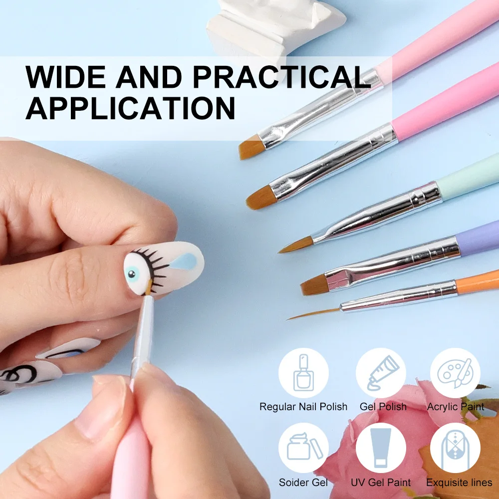 LIMEGIRL 6 Set Macaron Color Nail Brush UV Gel Acrylic DIY Nail Art Uchimura Brush Kit Extended Painting Art Kit Tools