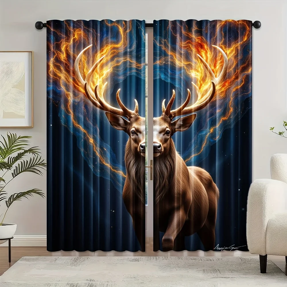 ผ้าม่านโพลีเอสเตอร์ลายศิลปะกวางในกาแล็กซี่ 2 ชิ้น, พิมพ์ดิจิทัลความละเอียดสูง, ผ้าม่านกรองแสงสำหรับห้องนอน, Li 1
