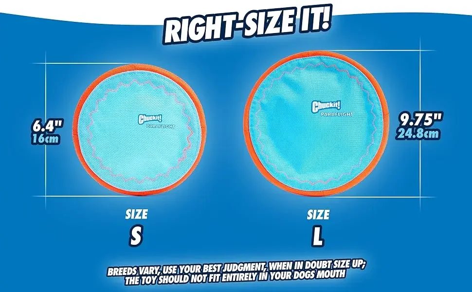 Image of two flying discs of different sizes with text reading right size it.