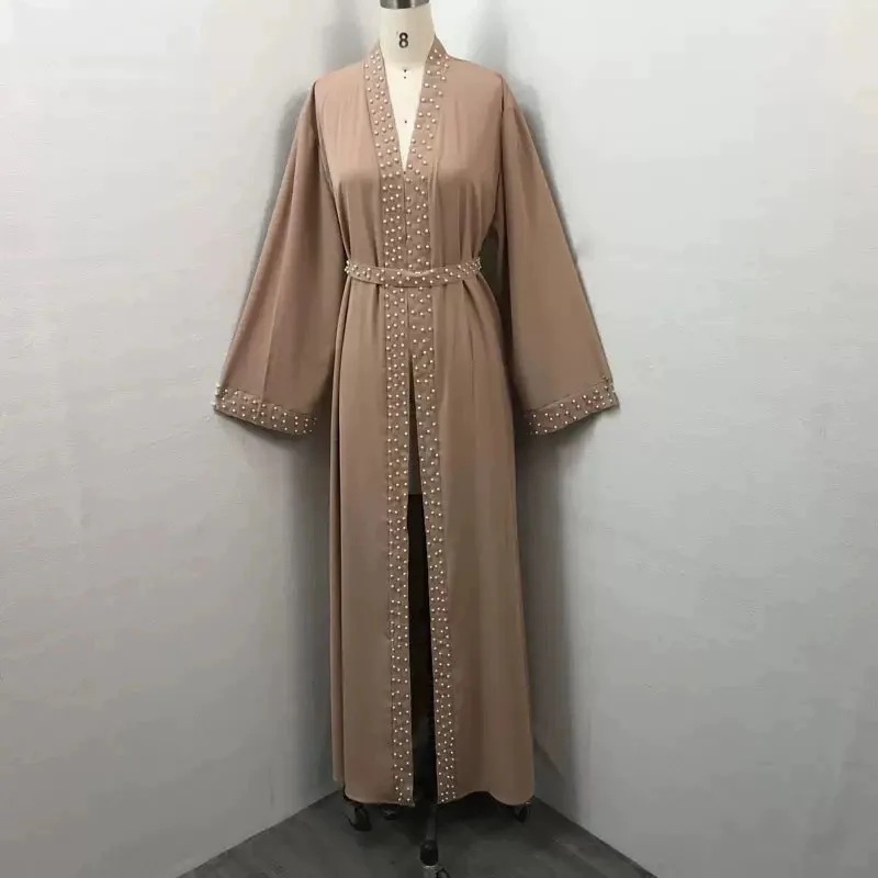 Arab Turkey Middle East Muslim Robe Femme Fashion Pearl Decoration Islamic Ramadan Clothing Elegant Belt Cardigan Abaya