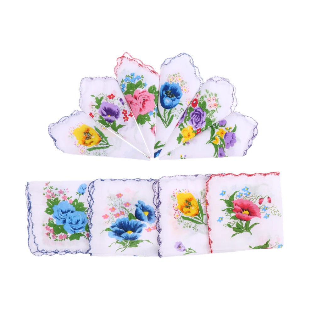 10pcs Women`s Cotton Handkerchiefs Assorted with And Print Floral