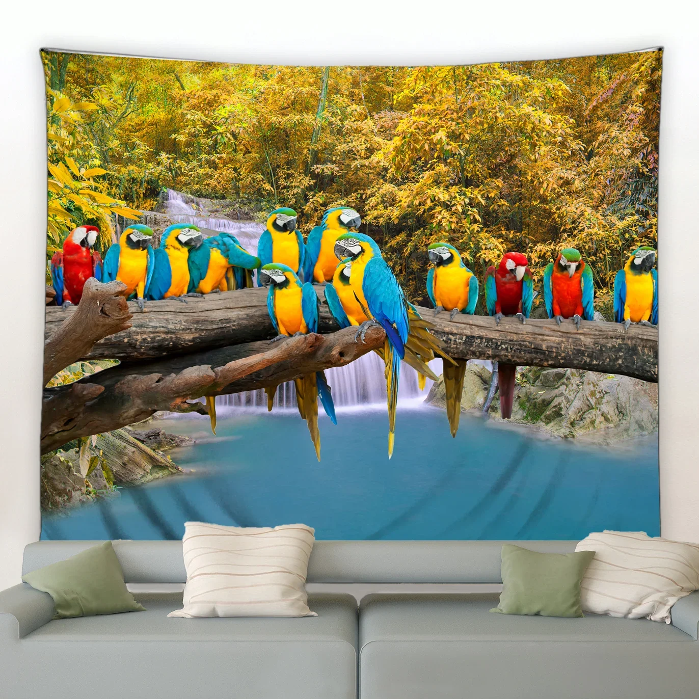 Papegaaienpatroon Kleurrijke Vogel Oceaan Strand Zee Palmboom Waterval Woonkamer Woonkamer Achtergrond Interieur Wandtapijt