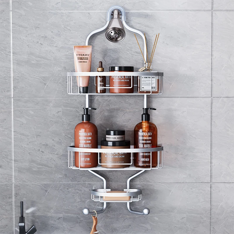 Shower Room Shelf With Hooks Bathroom Accessories Shower Caddy Hanging Rack Aluminum Wall Basket Shampoo Towel Storage Organizer
