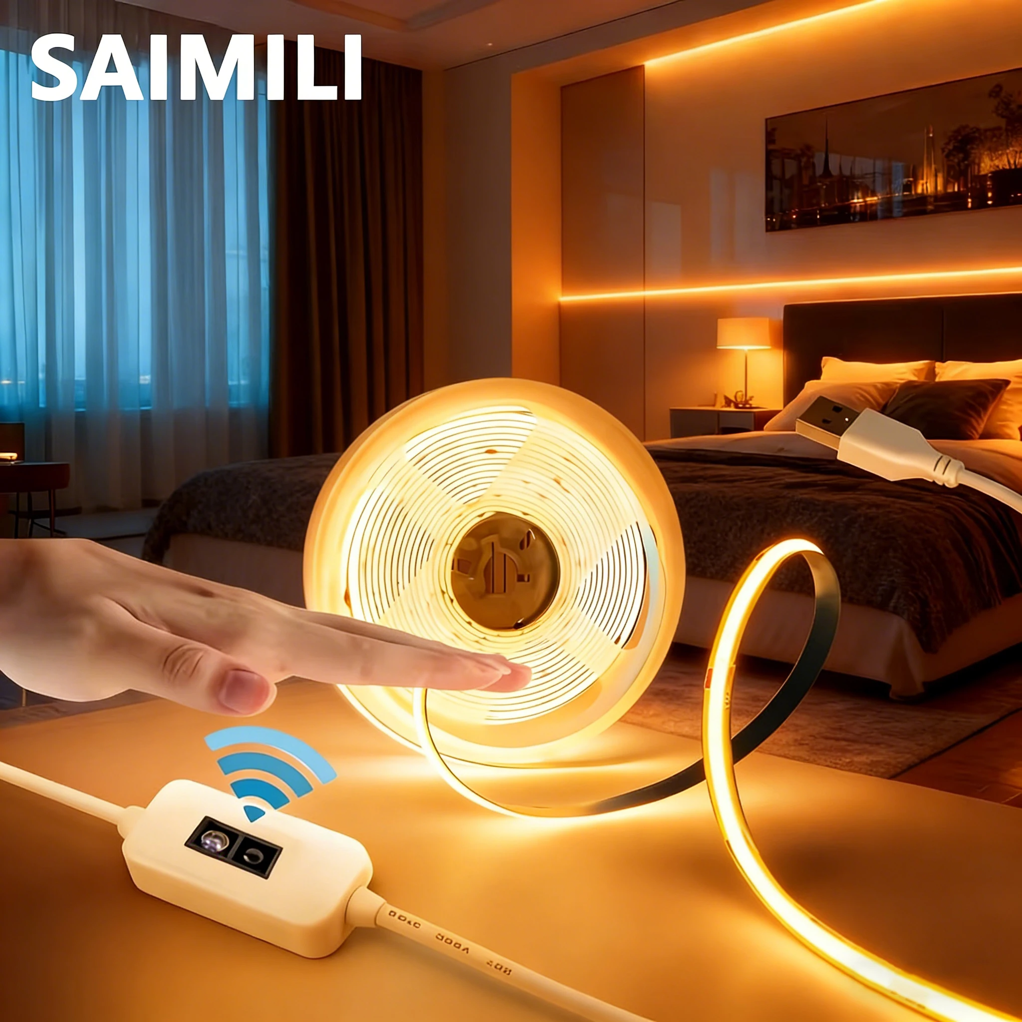 Enhanced USB COB LED Strip Light with Motion Sensor - 5V Dimmable, 320LED/m Flexible Lighting for Cabinets, Kitchens, and Wardrobes