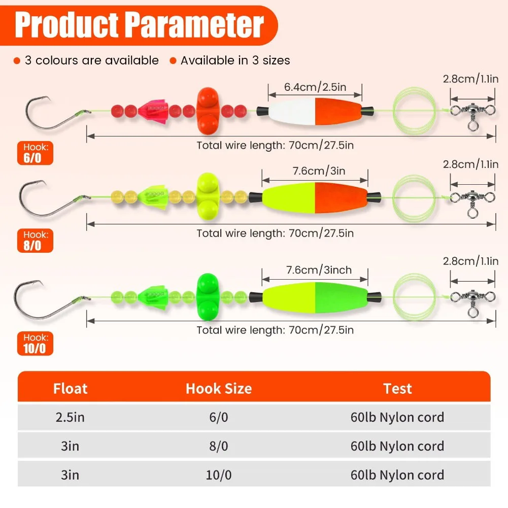 Catfish Rig Set With 360° Rotatable Foam Floats, Hand Tied Lines, 6/0 8 ...