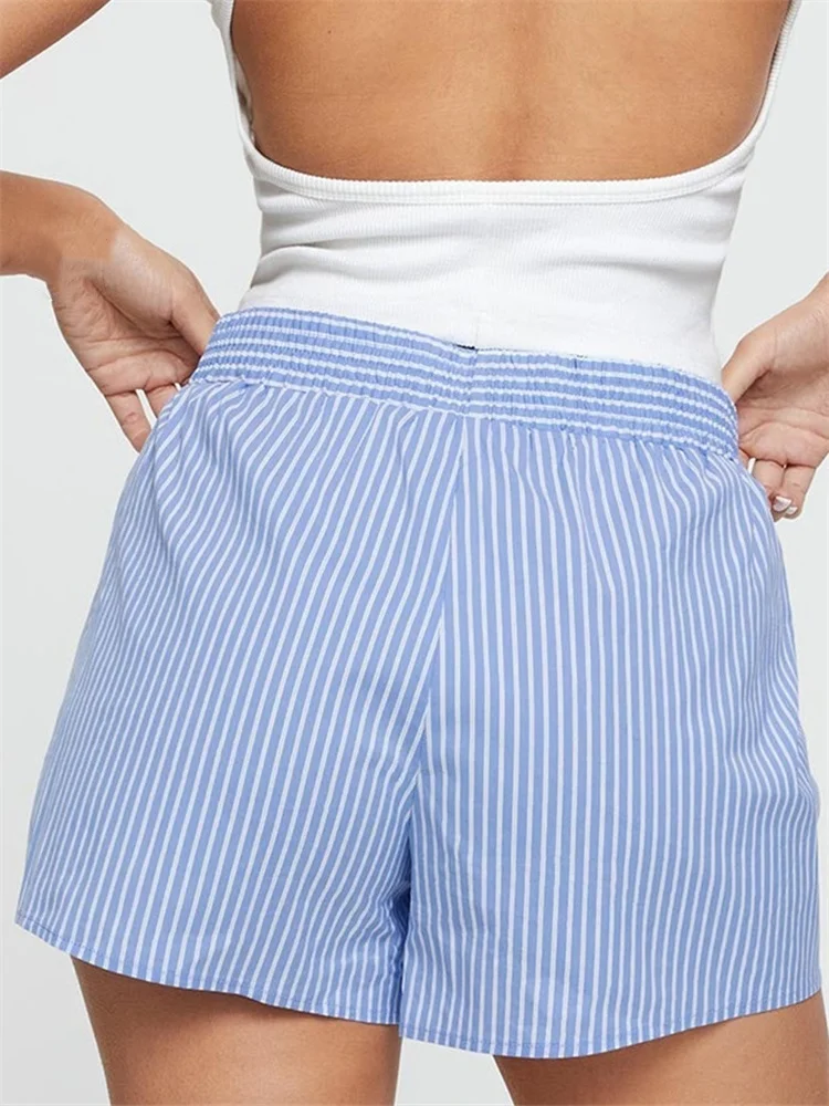 Women Summer Casual Pajama Shorts Kawaii Striped Boyshorts Elastic Loose Fit Button Lounge Bottoms Pj Y2K Home Suit_ecoleips.com