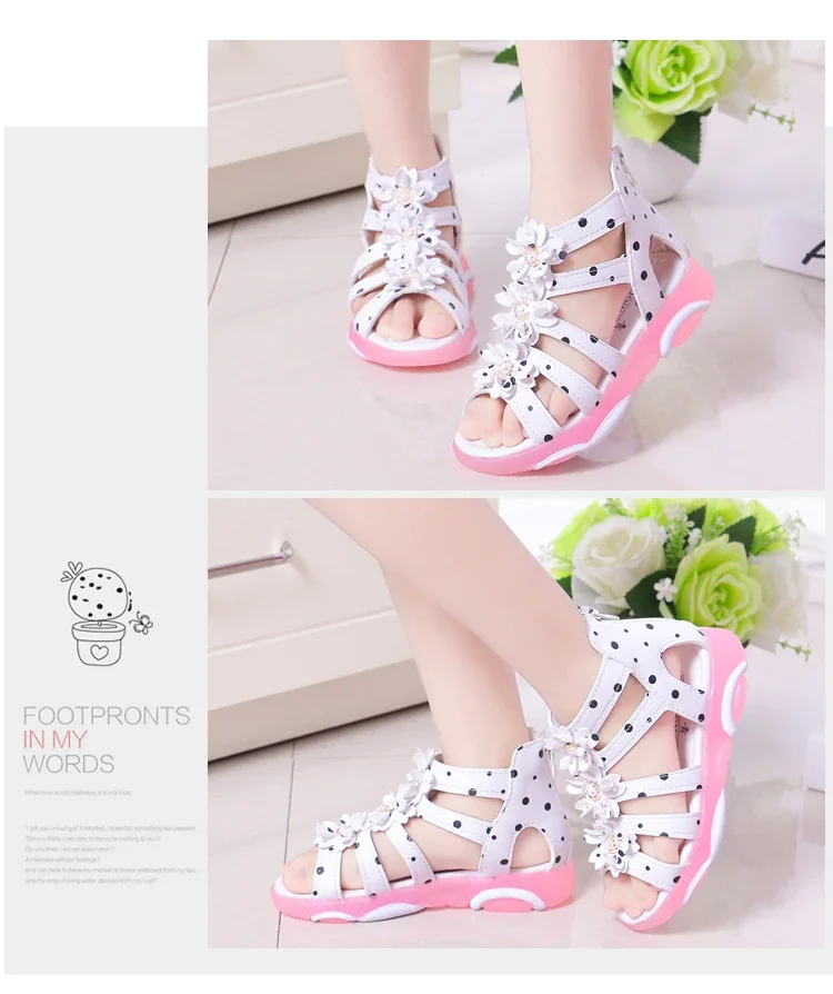 Girls Sandals Flowers Kids Roman Sandals Children Gladiator Shoes Soft Leather With Dots Zipper Pearl Beading Toddler 1-12 Years