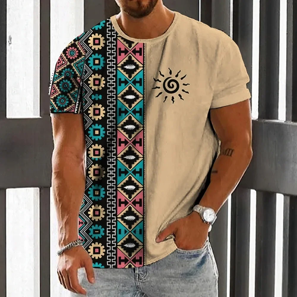 

Men's T-shirt Ethnic Print Casual Short-sleeved Summer Crewneck Street Wear Retro Men's Loose Sweatshirt Breathable Men's Wear