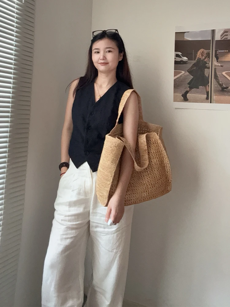 Handmade Woven Straw Beach Bag Large Capacity Shoulder Bag Women Raffia Travel Shopper Totes Summer Vacation Casual Handbags