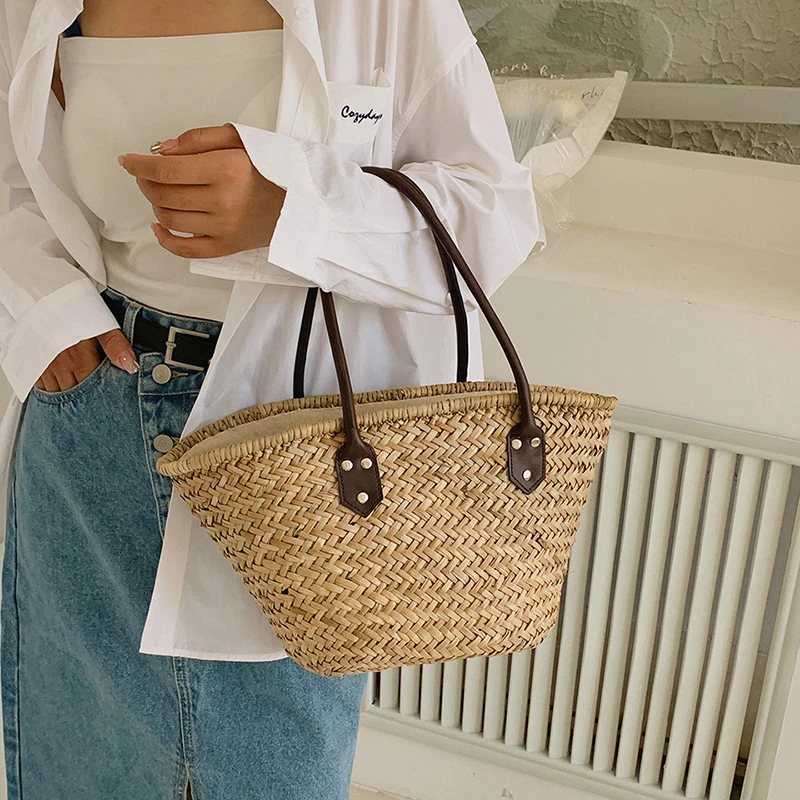 Sac à Bandoulière En Paille Pour Femme - Grand Sac Plage Été Grande Capacité - Beige 36x20x15 Cm