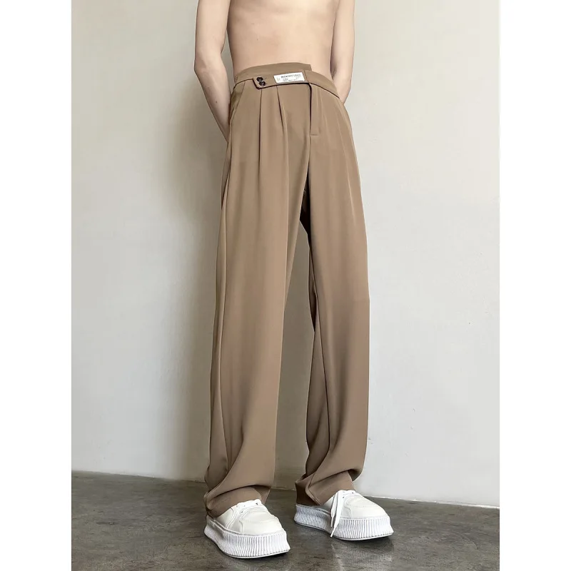 2024 Ice Silk Fabric Straight Trousers Summer New Men's Button Zipper Patchwork Pockets Fashion Loose Sagging Sensation Pants