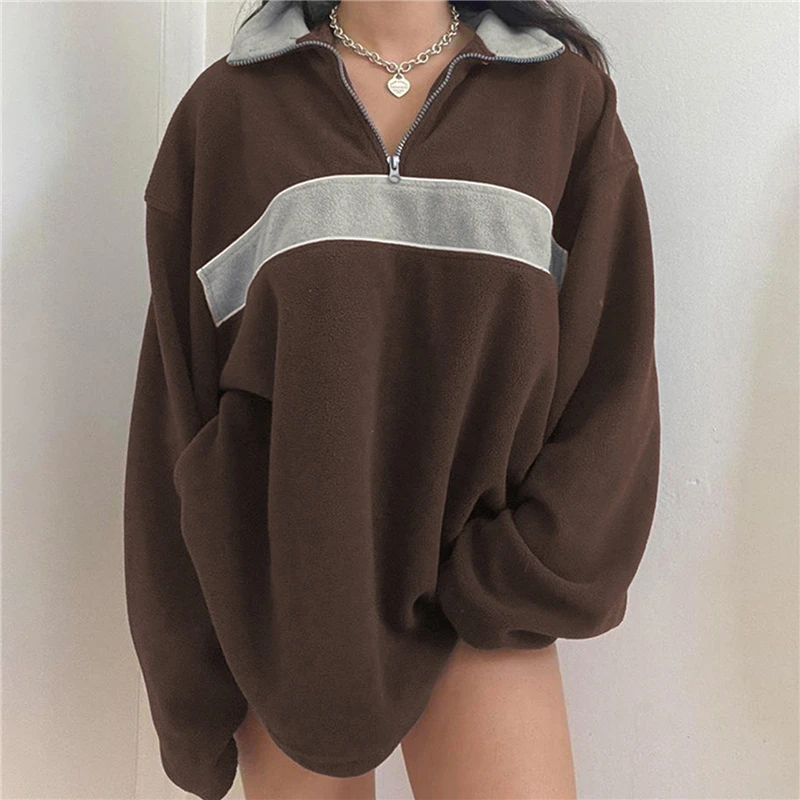 

2000s Vintage Hoodie Women Patchwork Turn Down Collar Long Sleeve Tops Aesthetic Clothes Grunge Pullover Streetwear