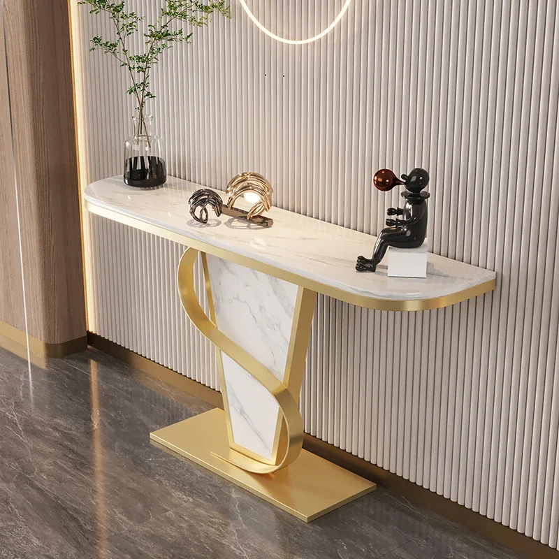 

Entryway Marble Console Table Semi-circle Luxury Entry Porch High Quality Golden Finish Auxiliary Table Living Room Sideboard