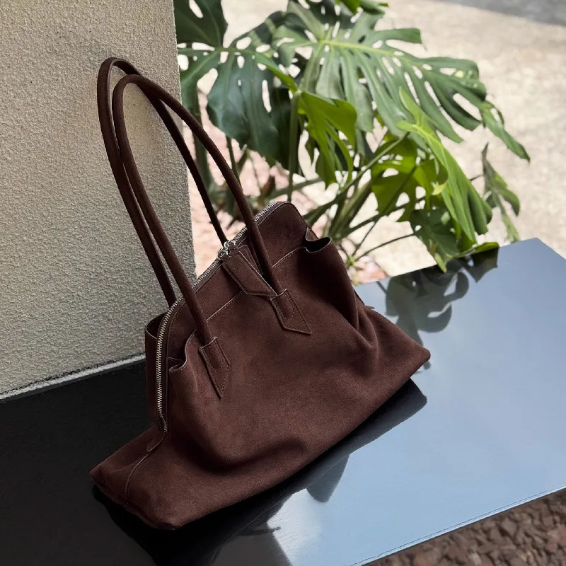 2025 Large Zipper Opening Design Travel Pillow Tote Coffee Nubuck Leather Women's Handbag High-end Winter Shoulder Bag