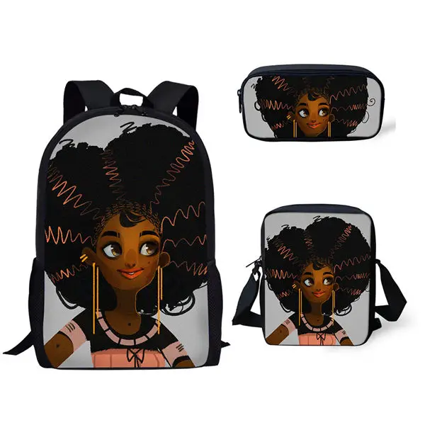 Popular Black African Girls 3D Print 3pcs/Set pupil School Bags Laptop Daypack Backpack Inclined shoulder bag Pencil Case