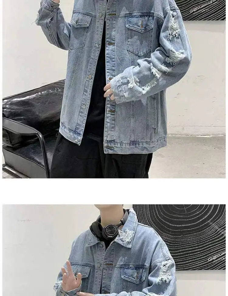 Spring Autumn Ripped Denim Jackets Men's Causal Loose Oversize Handsome High Street Overcoat Men Tops Male Clothes