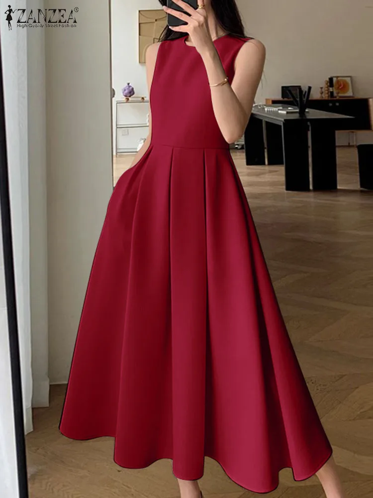 ZANZEA Women Sleeveless Pleated Dress 2025 Summer Korean A-line Tank Evening Dress Elegant Swing Vestido Vintage Party Long Robe 3