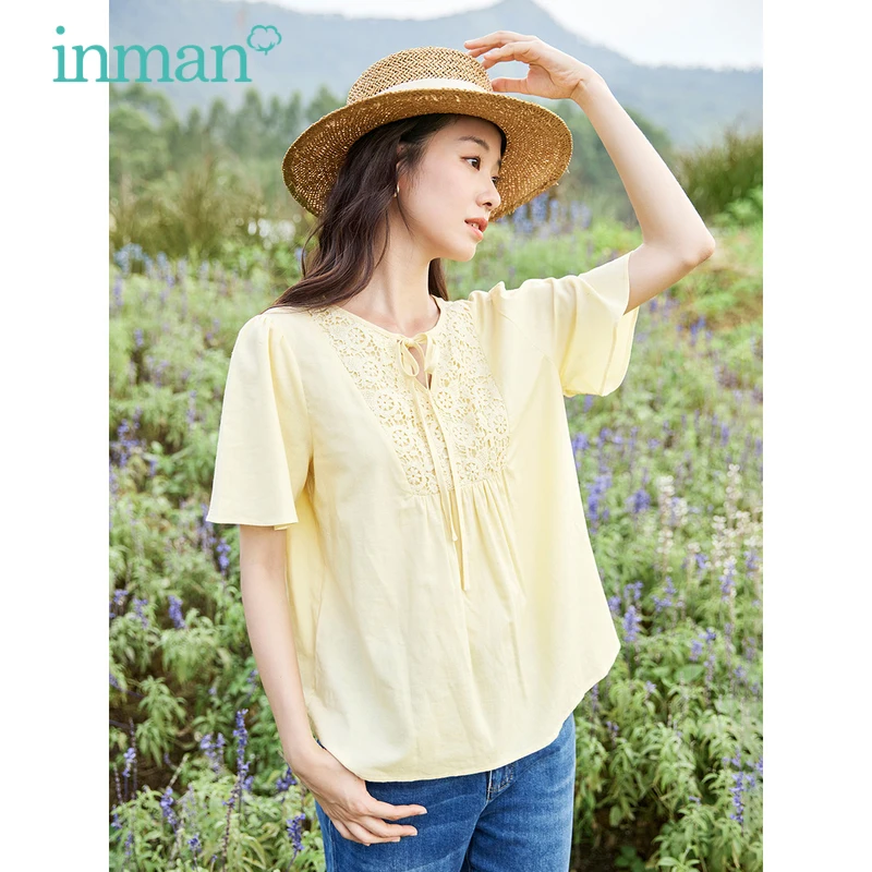 INMAN Women Blouse 2023 Summer Short Sleeves Lace Up V Neck Loose Shirt Hollow Embroidery Lace French Pastoral Yellow Blue Tops